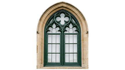 Obraz premium Gothic arched stained glass window with floral quatrefoil design in historic architecture
