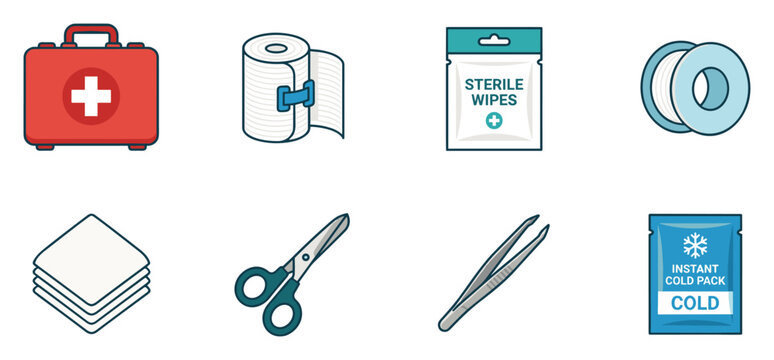 Comprehensive First Aid Kit Essentials and Medical Supplies Illustration Set