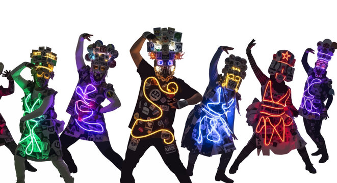 African tribal dancers in colorful neon costumes performing
