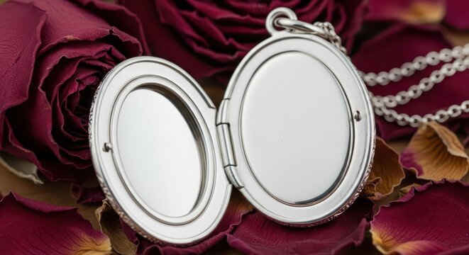 Silver locket necklace rests open amidst scattered dark red rose petals.