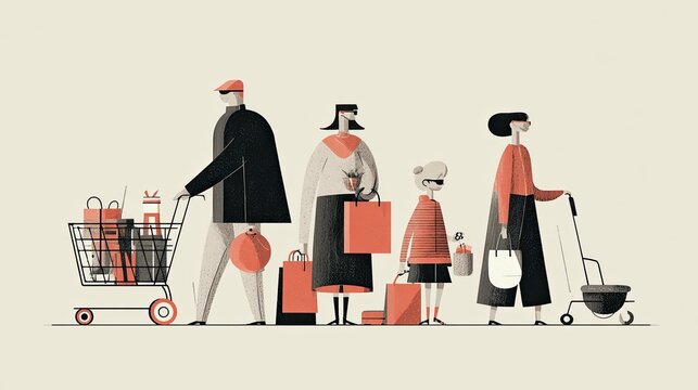 Diverse group of stylized people stand in line carrying purchases after retail activity
