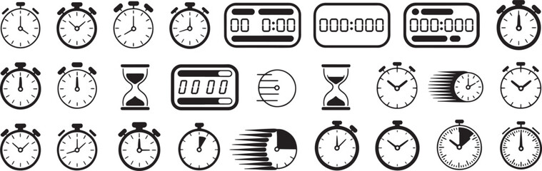 Fototapeta premium Time management icons set featuring analog clocks digital timers stopwatches hourglasses and motion speed time symbols Vector Illustration