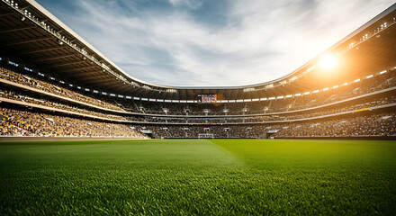 Vast empty soccer stadium with green grass field and bright sunlit sky, filled spectator stands creating a powerful atmosphere for sports event, stadium seating, stadium lights