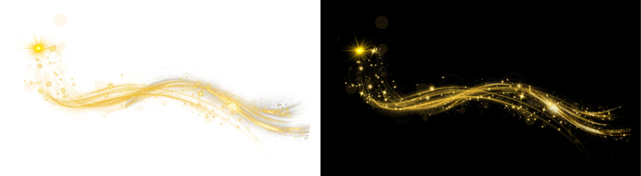 A PNG image of&nbsp;Elegant golden glowing wave with sparkling dust particles, bright starbursts, and flowing light trails creating a festive design on transparent background. on transparent background