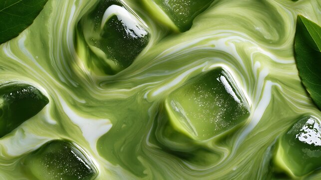 Macro top view of matcha green tea latte swirl with ice cubes, full frame close up background textures 
