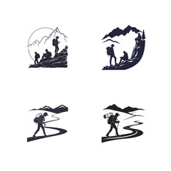 Naklejka premium Set of four black silhouette hiking icons on white background