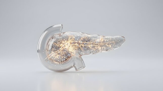Glowing digital medical hologram identifying a human pancreas
