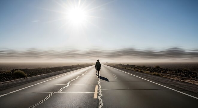 A lone traveler walking down a long, desolate desert highway under a bright sun with a hazy, vast horizon in the distance