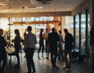 Fototapeta premium Blurred silhouettes of coworkers in modern office environment. Abstract business scene ideal for teamwork, collaboration, communication and corporate culture concepts.