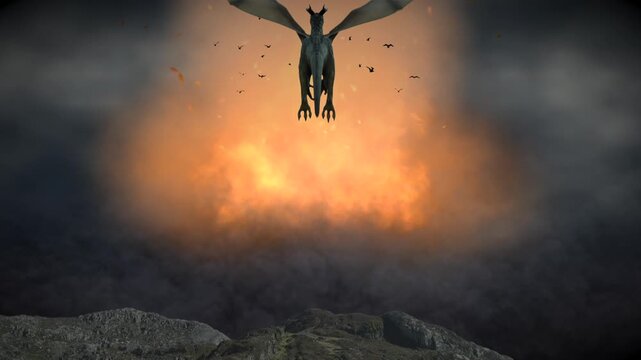 Dragon flying into fiery inferno