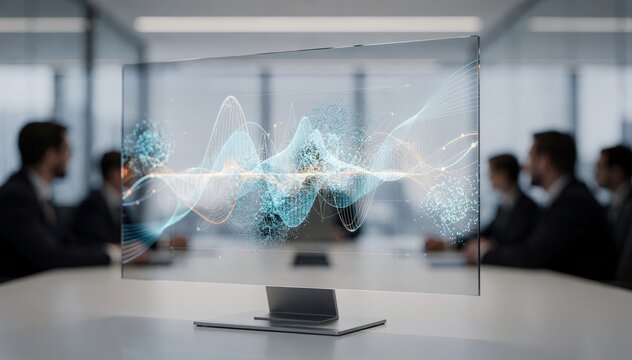 Focused medium shot of AIassisted software visualizing tenant retention probabilities amid renewal wave fluctuations blurred meeting room environment enhancing attention on