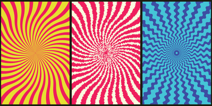 a triptych of vibrant optical illusions featuring swirling patterns in yellow pink blue and white colors creating mesmerizing effects high quality