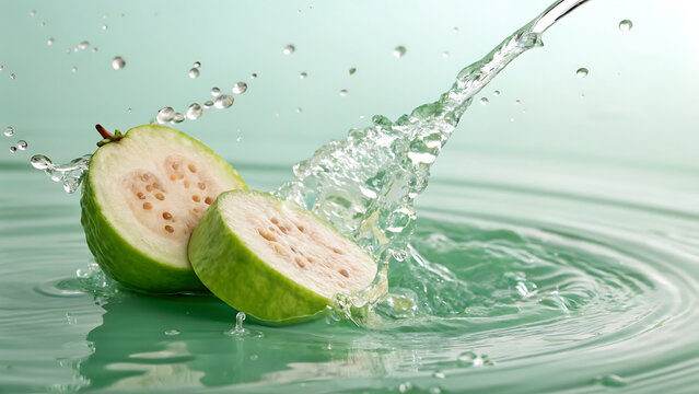 Fresh Guava Halves Splashing into Water with Refreshing Green Tones