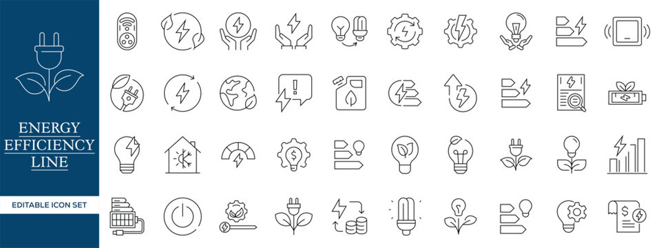Energy Efficiency Line Icons Set, Renewable Energy Green Technology Outline Vector Collection Editable Stroke