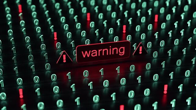 Abstract binary code background, 3d render looped animation. Warning alert message. System error, malware attack, virus threat concept. Hacking danger alert or critical failure. network security