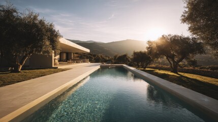 Fototapeta premium Luxury pool near modern villa surrounded by olive trees, warm sunlight, soft shadows, natural tones, elegant composition with space, high detail