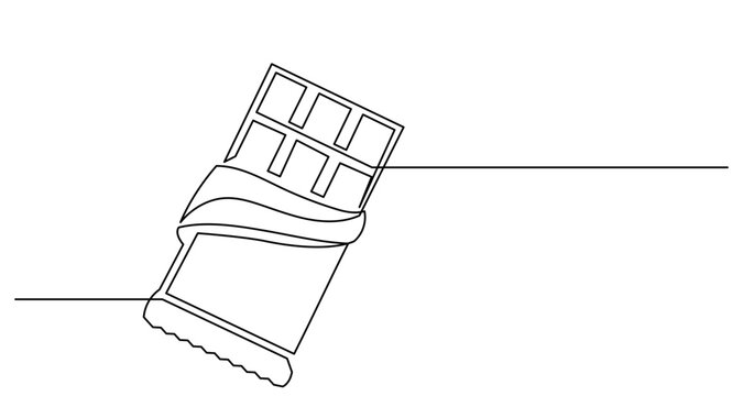 Continuous line drawing of an open chocolate bar in foil wrapper. Minimalist one line art of sweet cocoa dessert, isolated on white background. Simple vector illustration for cafe or food design.
