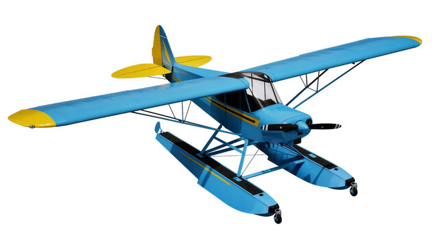 Blue and yellow seaplane with floats, isolated on transparent background