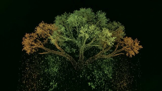 Abstract glowing particles dynamically form intricate tree shape with shimmering leaves and falling elements on dark background motion.