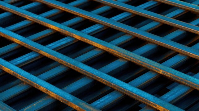 A close-up view of a grid made of metallic bars, showcasing textures and shadows