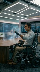 Fototapeta premium Person in Robotic Wheelchair Interacting with Holographic AI Interface (Vertical)