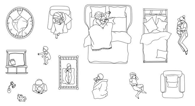 Top view bedroom activities with people resting reading and relaxing vector set