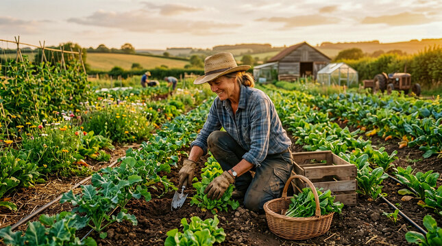 Agricultor trabajando en campo ecol&oacute;gico con luz natural, tonos c&aacute;lidos, estilo documental aut&eacute;ntico.
