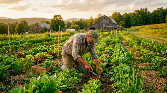 Agricultor trabajando en campo ecol&oacute;gico con luz natural, tonos c&aacute;lidos, estilo documental aut&eacute;ntico.