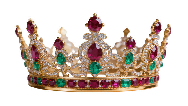 Ornate gold crown adorned with rubies and emeralds, isolated on transparent background