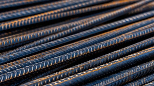 Close-up view of parallel metal rebar rods with distinctive textures and reflections in light