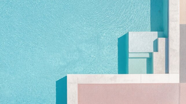 Top view of geometric pool shapes forming abstract pattern, pastel tones, modern architecture, clean minimal composition with large space, high detail