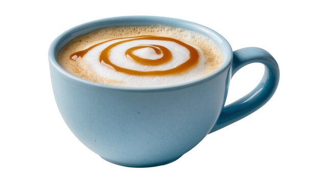 Blue ceramic mug with caramel latte art swirl, isolated on transparent background