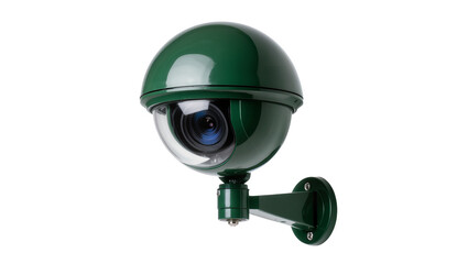 Green dome security camera with clear dome lens, mounted on bracket isolated on transparent background © Thomas