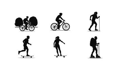 Fototapeta premium Active people silhouette vector illustration including bicycle riding and skate boarding.