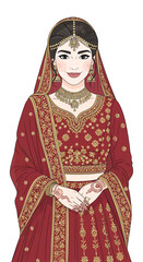 Fototapeta premium illustration of a beautiful indian woman wearing traditional wedding attire with intricate gold designs