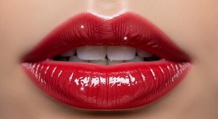 Obraz premium Close-up of glossy red lipstick bullet on black case with soft bokeh background