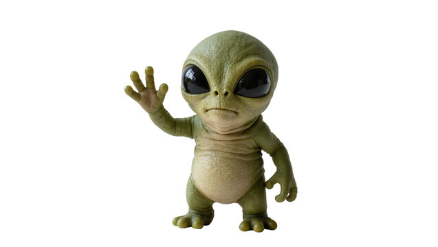 Small green alien waving hello, isolated on transparent background