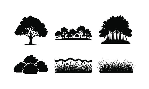 Nature silhouettes vector illustration collection green trees bushes grass for outdoor park and forest.