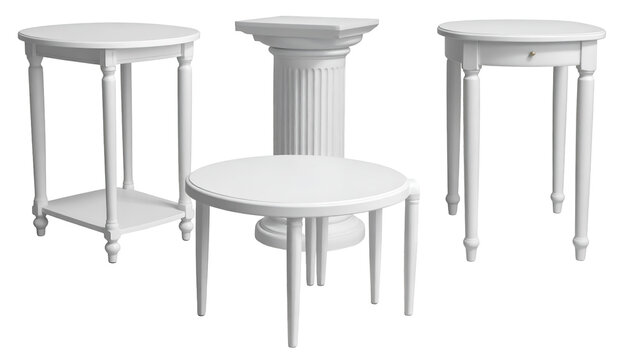 Four white furniture pieces two side tables, a pedestal, and a low round table on a black background