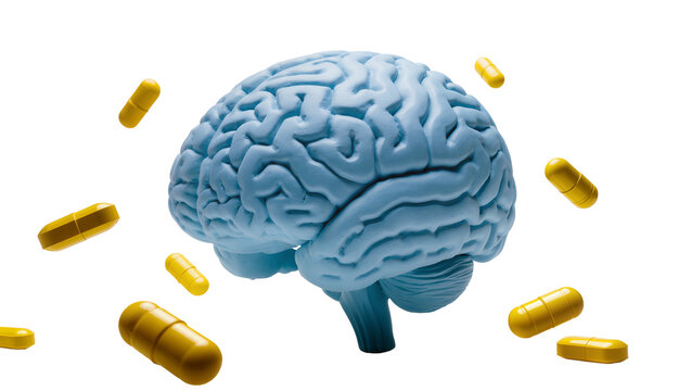 Blue brain model surrounded by yellow pills, isolated on transparent background
