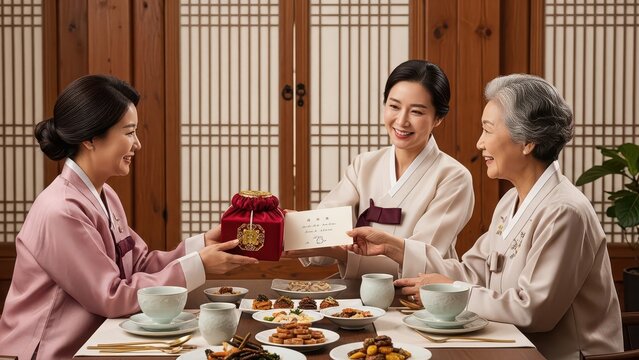 Korean Women in Traditional Hanbok Celebrating Chuseok with Gifts and Dinner