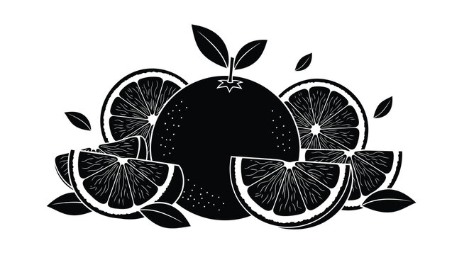 orange slices and whole fruit in black and white vector illustration