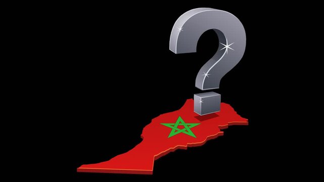 A metallic question mark floating over the map of Morocco, representing national development and economic uncertainty. Chroma key green screen with alpha channel. (loopable)