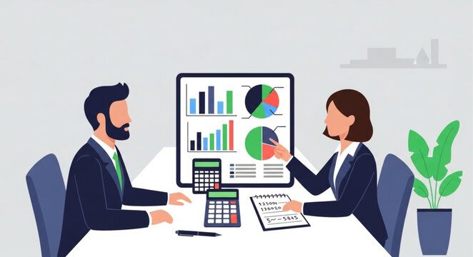 Business meeting with financial charts and data analysis.