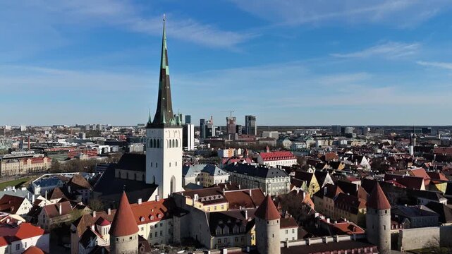 Tallinn Old Town Skyline with St Olaf Church Aerial Drone View