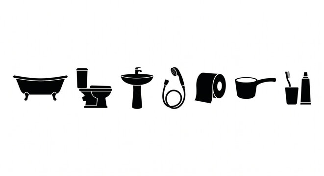 Complete Vector Silhouette Icon Set of Bathroom Fixtures and Accessories: Bathtub, Toilet, Sink, Handheld Shower, Toilet Paper, Water Dipper, Toothbrush, and Toothpaste Isolated on White Background