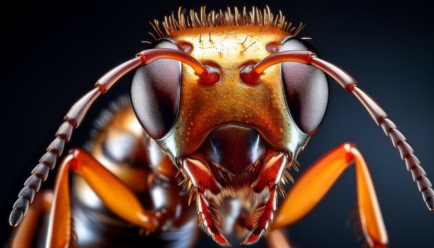 extreme macro close up of an ant s head with golden thorax and red antennae against a dark moody background