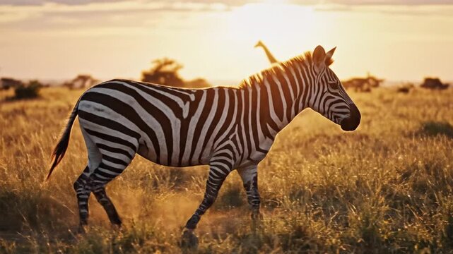 Zebra Walking in Dry Savannah Grassland at Sunset