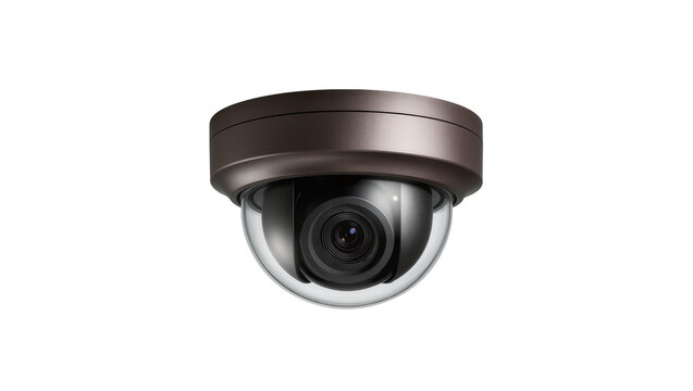 Dark bronze dome security camera with clear protective lens, isolated on transparent background