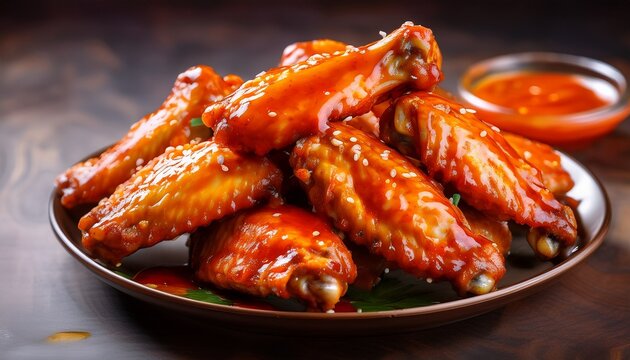 a close up realistic image captures a small pile of golden brown chicken wings glistening with a vibrant orange sauce ready to be enjoyed as a tasty meal